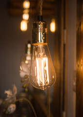 Large industrial old glowing warm orange electric bulb hanging with others in the background.  Dark retro glow with vintage decorative element brightly illuminated.