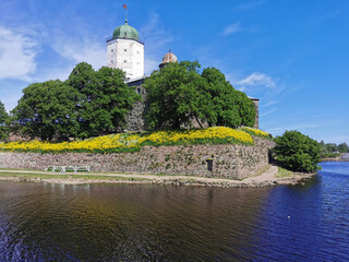Fototapeta na wymiar Against the background of a blue sky with feathery clouds, Vyborg Castle and the white Tower of St. Olaf in the city of Vyborg.