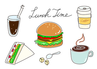 一筆書き　コーヒーとハンバーガーとサンドイッチ（カラー）
