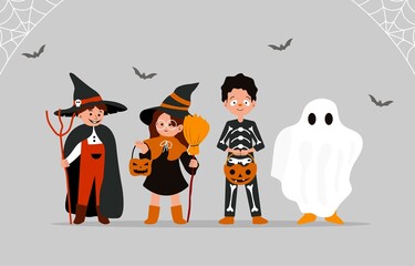 Illustration characters of a group of cute and happy children with a witch, skull man, and ghost costume to celebrate Halloween costume party.
