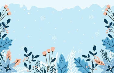 Natural background with snow, snowflakes, and winter plant in a cold tone.