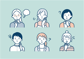 困った表情をした若い女性のイラスト素材セット