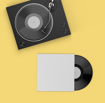 Turntable player and vinyl record in cardboard cover mock up