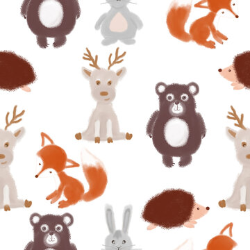 Seamless pattern with forest animals. Bear, hedgehog, bunny, fox, moose. Design for a holiday. Printing for wrapping paper. An illustration for printing. Children's composition. Texture for fabric and
