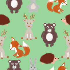 Seamless pattern with forest animals. Bear, hedgehog, bunny, fox, moose. Design for a holiday. Printing for wrapping paper. An illustration for printing. Children's composition. Texture for fabric and