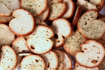 bruschette chips background flat lay