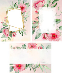Watercolor pink flowers and green leaves card illustrations