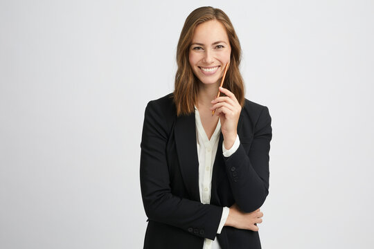 Portrait Of A Beautiful Young Woman With Brunette Hair Smiling And Holding A Pen To Her Cheek