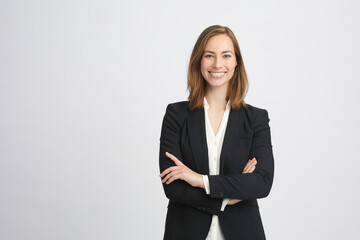 Beautiful and professional young business woman smiling and crossing her arms looking like a boss on white background