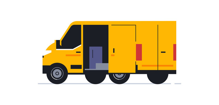 A van for an online home delivery service. Transport for delivery of orders. Van rear view in half turn. Transport with open doors and parcels inside. Vector illustration.