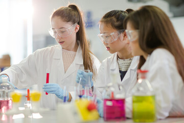 Girl students conducting scientific experiment in laboratory classroom