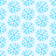 Seamless pattern with light blue snowflakes on a blue background. Christmas  watercolor illustrations with snowflakes. Christmas ornament. For wrapping paper, cards, banners, posters, fabrics.
