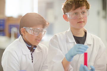 Boy students examining liquid in test tube, conducting scientific experiment in laboratory classroom