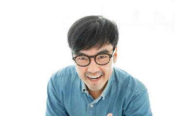 adult asian man.young male person wear eye glasses.posing smiling laughing look excited surprised thinking positive happy people.empty space for text advertising.white background.attractive fashion