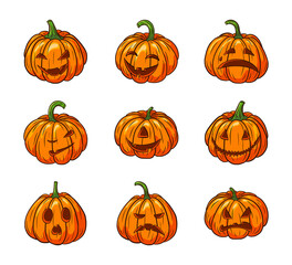 Halloween Scary Pumpkins with Faces Set. Collection of pumpkin jack lantern illustrations for autumn holiday greeting cards, invitations, package design, decoration. Premium Vector