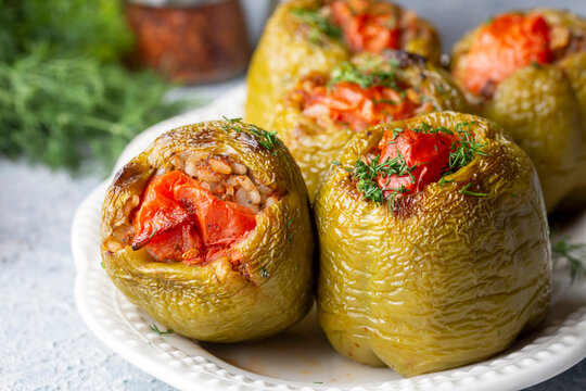 Traditional Turkish foods; Stuffed pepper (Turkish name; biber dolmasi)