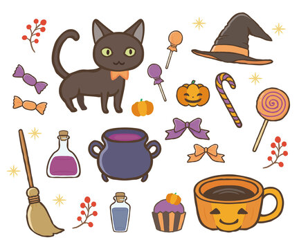 ハロウィンのイラスト。かぼちゃ、黒猫、魔女の帽子。他にもいろいろなアイテムをセットにしています。
