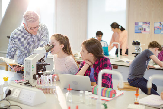 Male teacher helping girl students using microscope, conducting scientific experiment in laboratory classroom