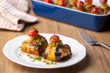 Traditional delicious Turkish food; Kofte kebab wrapped in eggplant (Turkish name; Islim - islim kebabi or kurdan kebabi)