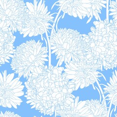 Seamless repeating pattern with hand drawn chrysanthemum aster flowers in blue line on blue. Decorative print for wallpaper, wrapping, textile, fabric, greetings.