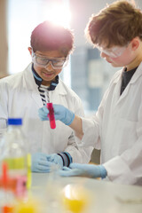 Boy students examining liquid in test tube, conducting scientific experiment in laboratory classroom