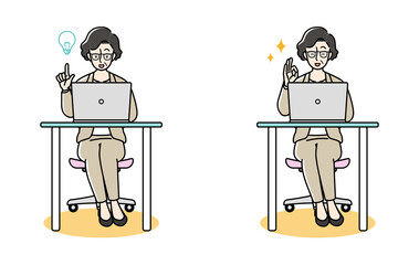 パソコン作業中に何かひらめき、成功するビジネスウーマン