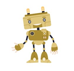 Cute childish robot toy in old retro style. Funny kids bot with smiling face, gesturing hi. Portrait of friendly humanoid machine. Colored flat cartoon vector illustration isolated on white background