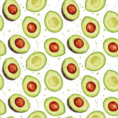 Watercolor seamless pattern with avocado isolated on white background.