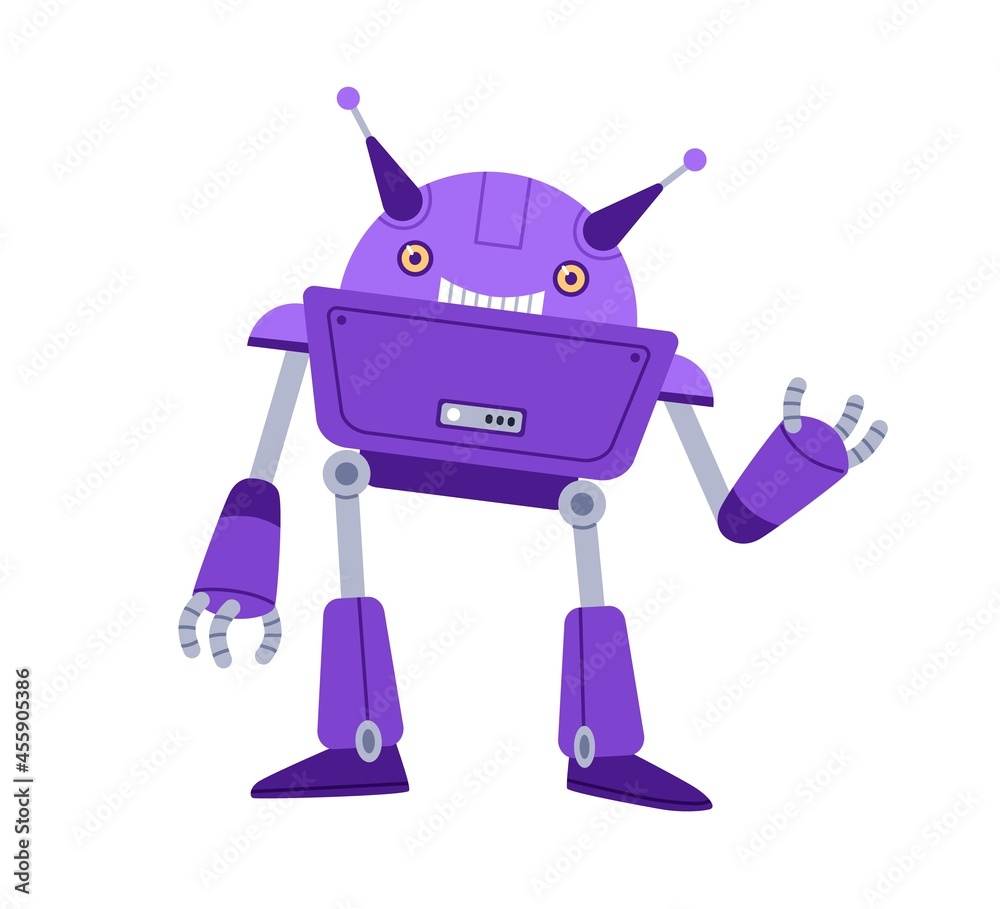 Poster cute robot toy. funny childish bot with smiling face, saying and gesturing hi. portrait of friendly 