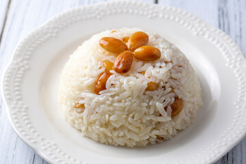 Traditional delicious Turkish food; Almond rice pilaf (Turkish name; Bademli pirinc pilavi)