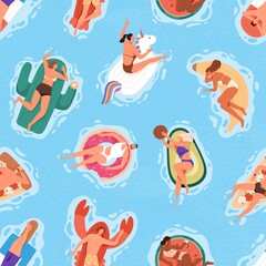 Seamless summer pattern with happy people in pool, floating and swimming on rubber rings. Repeating background with man and woman in swimsuits relaxing on water. Flat vector illustration for printing
