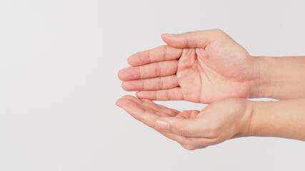 Empty hand begging gesture on white background.