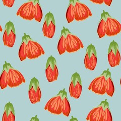 Exotic natural tropical bell flower composition on blue background. Beach seamless pattern wallpaper.