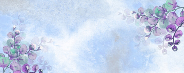 Background, banner made of green twigs.Top and bottom border, frame made of  plants and  leaves,watercolor illustration isolated on eucalyptus, blue background, purple background.