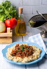 Turkish Food Hunkar Begendi made with Eggplant and Meat.