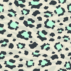 The leopard is trendy. Seamless pattern with wild animal blue and black spots for modern fabrics, textiles, throw pillows, bedding. Gray background. Vector.