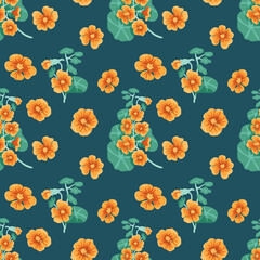 Seamless vector pattern with flowers. Contrasting background. Digital ornament with orange nasturtium flowers and leaves for wrapping paper, fabrics, web design, decoration, postcards, etc.
