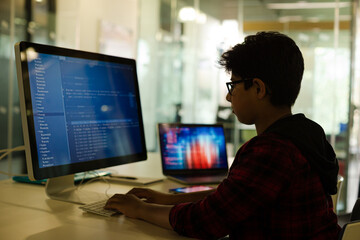 Fototapeta Student boy using computer at desk obraz
