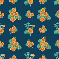 Seamless vector pattern with flowers. Contrasting background. Digital ornament with orange nasturtium flowers and leaves for wrapping paper, fabrics, web design, decoration, postcards, etc.