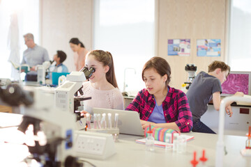 Girl students using microscope, conducting scientific experiment in laboratory classroom