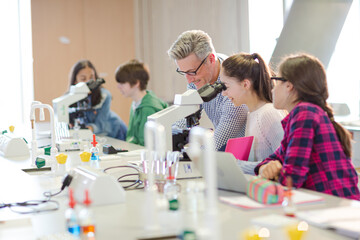 Obraz na płótnie Canvas Male teacher helping girl students at microscope in laboratory classroom