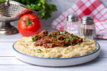 Turkish Food Hunkar Begendi made with Eggplant and Meat.