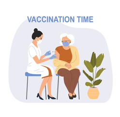 Woman in face mask getting vaccinated against Covid-19 to an elderly woman Vector illustration