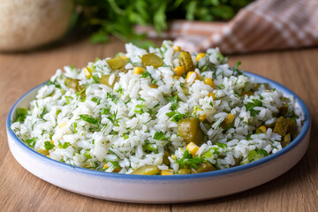 Rice with vegetables, rice salad (Turkish name; Cin pilavi salatasi)