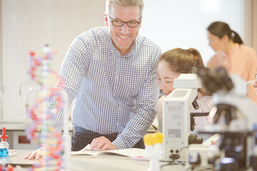 Male teacher helping girl student at microscope in laboratory classroom