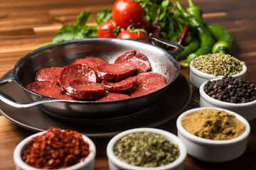 Sausage in fried Turkish style (Turkish name; Sahanda sucuk)