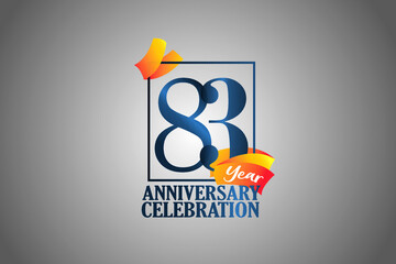 83 Year Anniversary Blue Color with Block Frame and Orange Yellow Ribbon - Vector