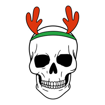 Skull Santa. Deer antlers. Scary Christmas Skull. Horror Christmas. Vector illustration. Isolated on white background.