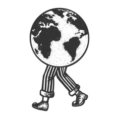 Earth globe walking on legs sketch raster