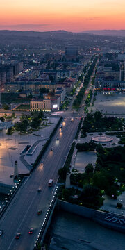 View of the city of Grozny from above from the Grozny City skyscraper complex at sunset. Vertical format.